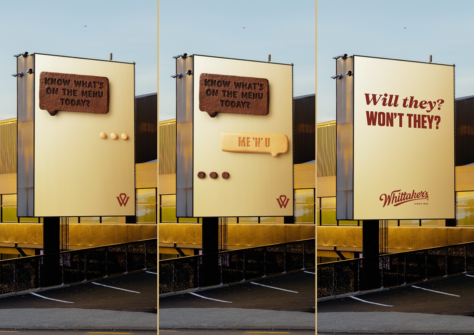 Three-panel billboard campaign showing chocolate speech bubbles building a conversation, ending with "Will they? Won't they?"