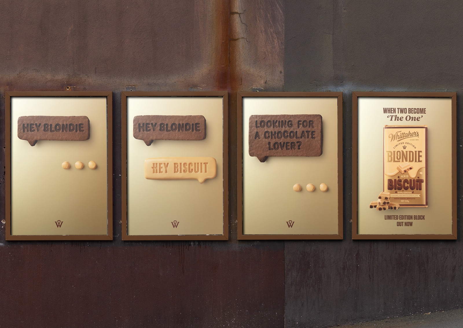 Four framed street posters showing the chocolate conversation building up to the Blondie and Biscuit block reveal