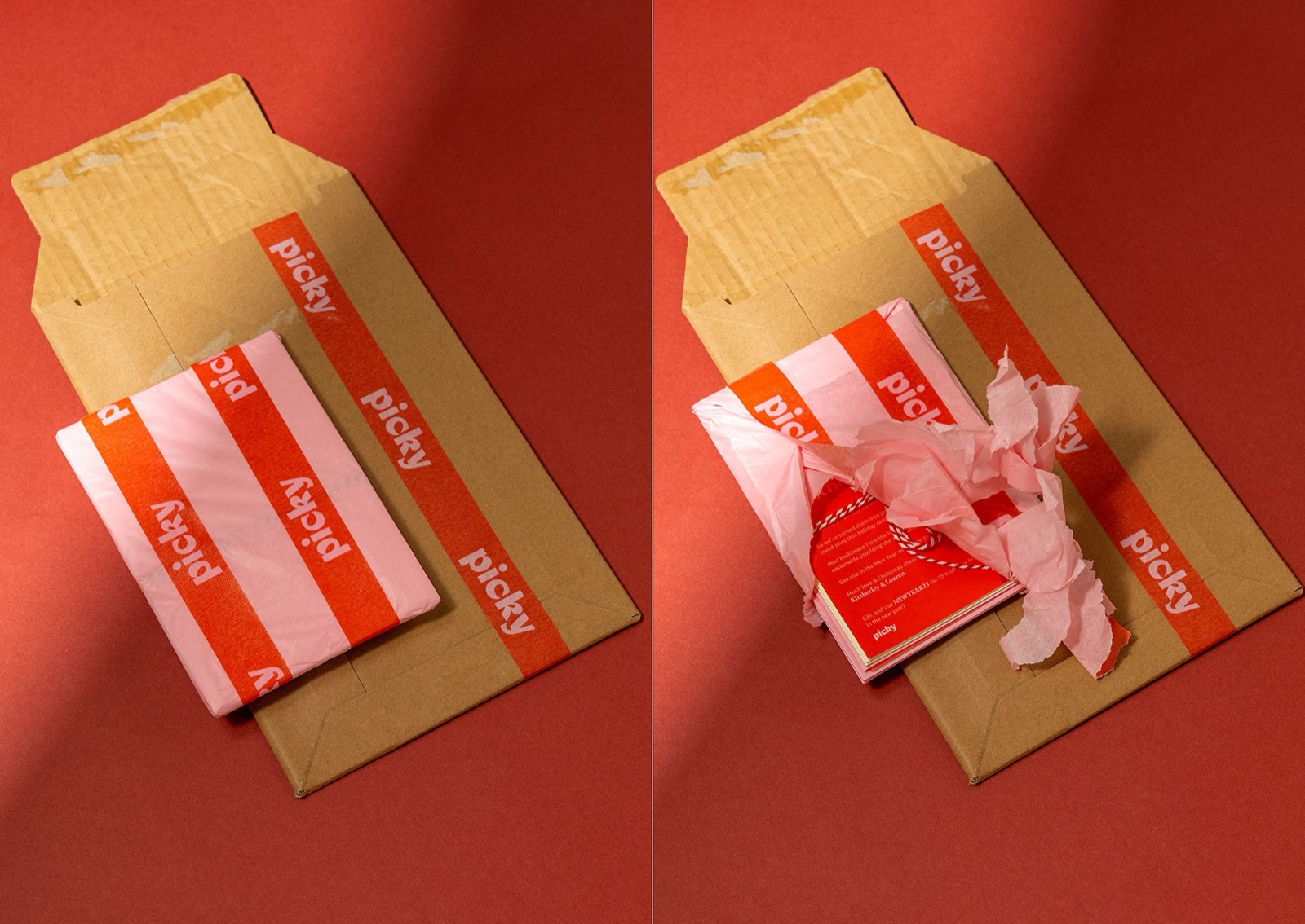 Kraft envelope with Picky branded tissue paper gift, shown wrapped and unwrapped to reveal a red greeting card