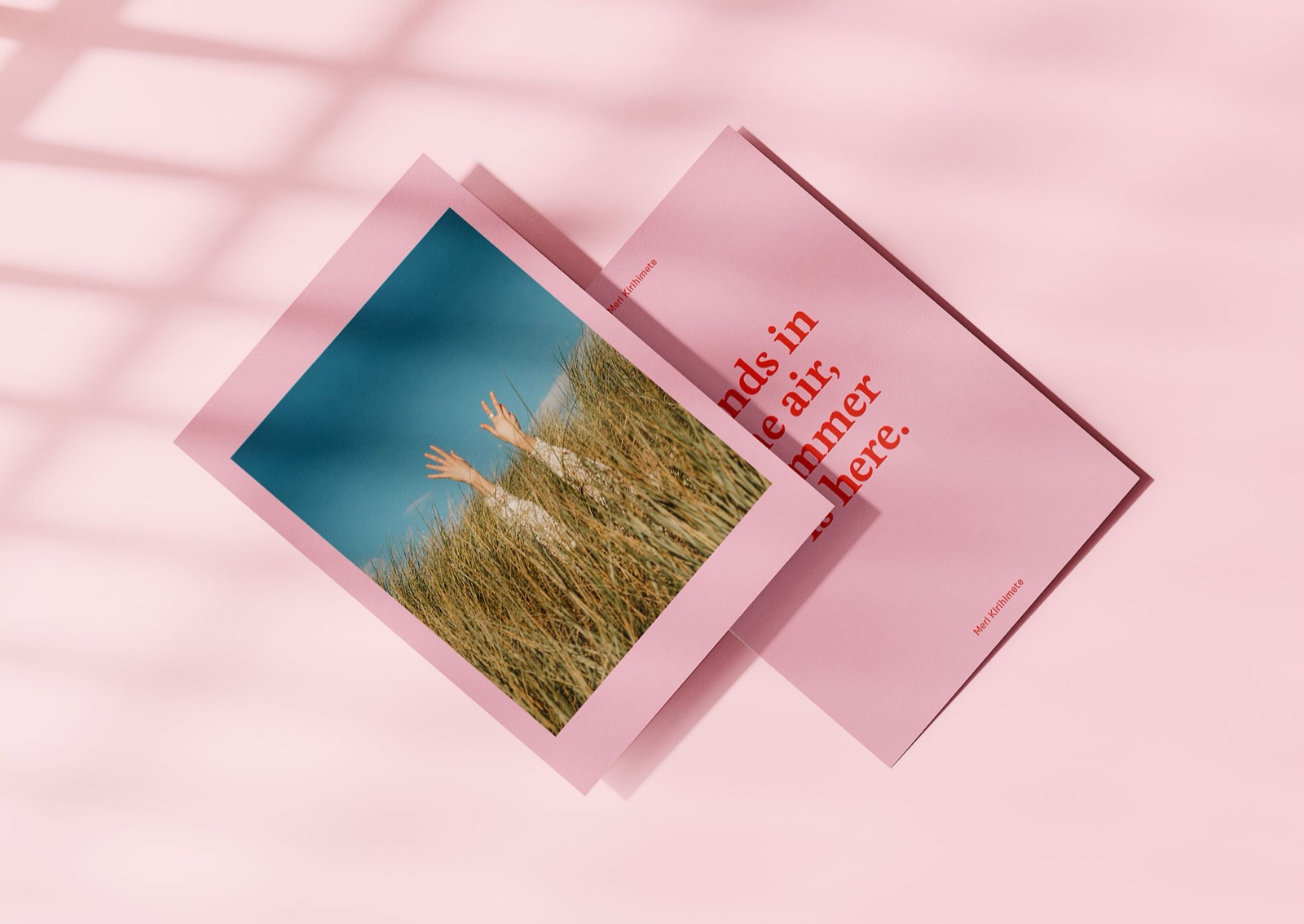 Two pink Picky Christmas cards, one open to a photo of hands raised in golden grass against a blue sky