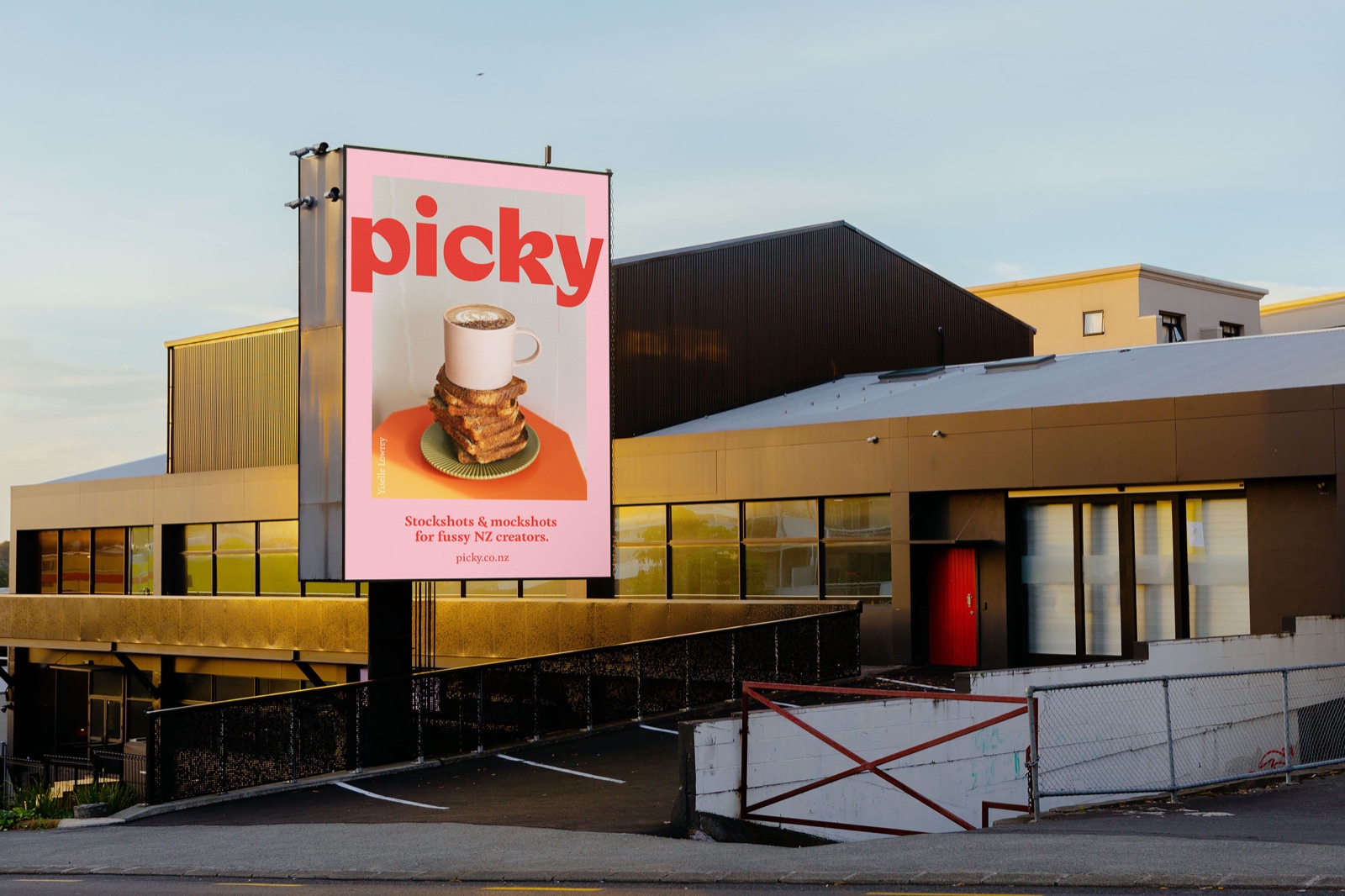 Picky outdoor billboard reading "Stockshots & mockshots for fussy NZ creators"