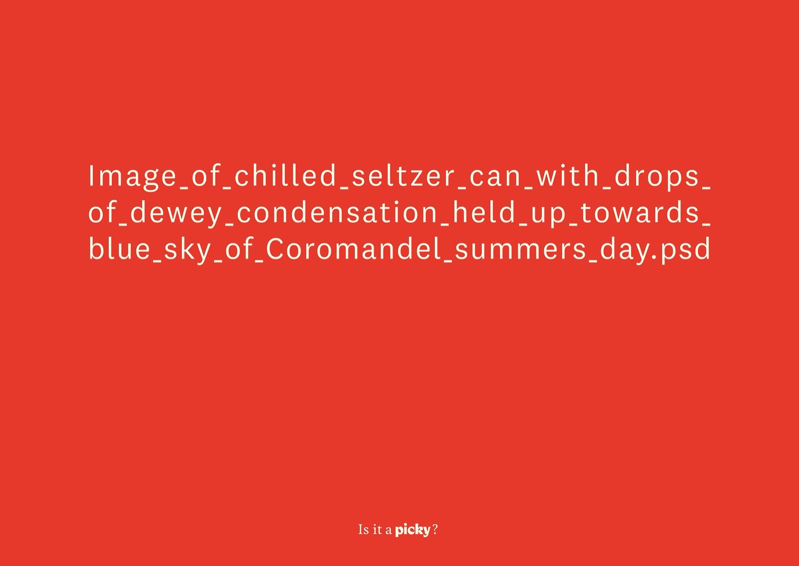 Picky campaign card with an overly specific stock photo brief, describing a chilled seltzer can with condensation held up to a blue Coromandel summer sky