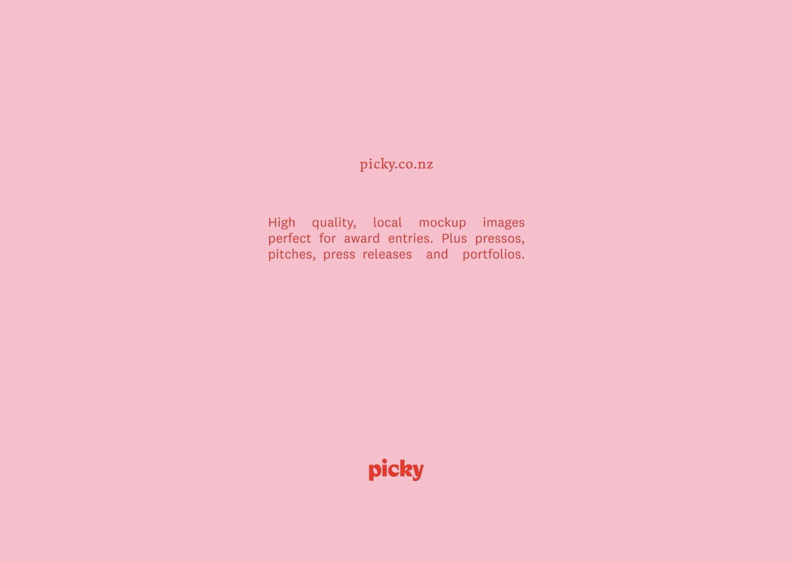 Picky.co.nz card describing high quality local mockup images for award entries, pressos, pitches, press releases and portfolios