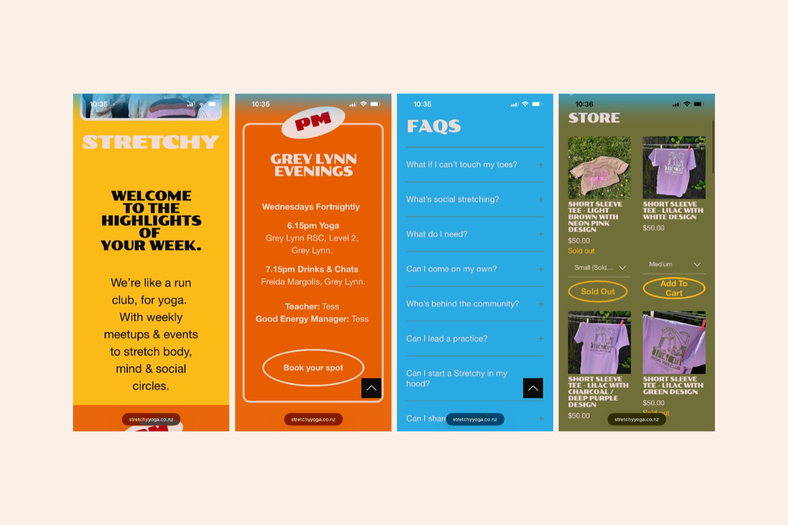 Stretchy app and social screens — welcome message, event booking, FAQs and merch store