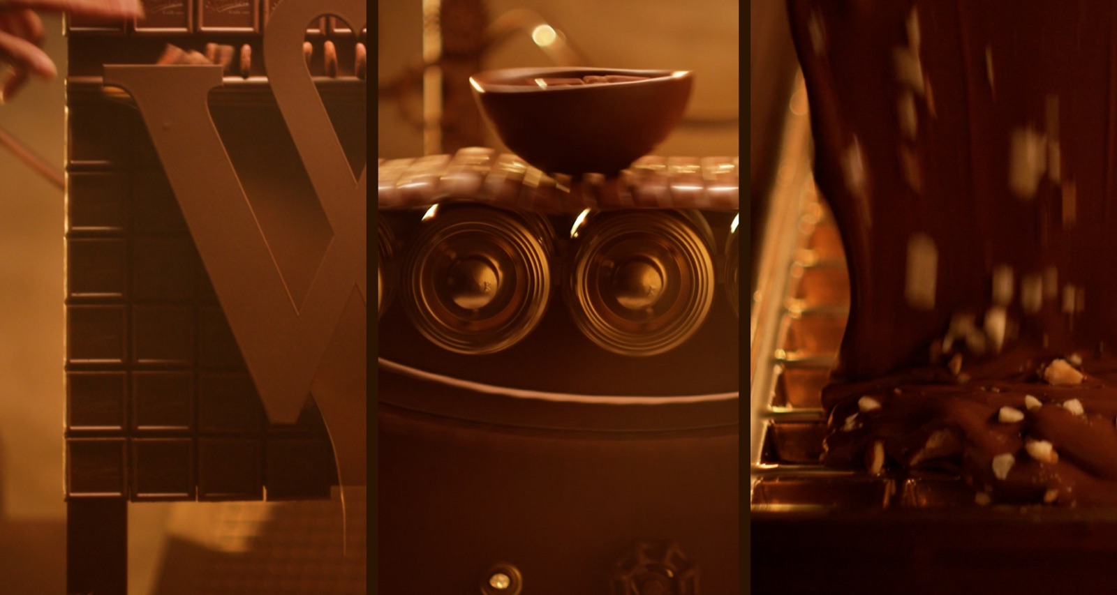 Three close-up shots of chocolate craftsmanship — a giant W chocolate sculpture, a shaping machine, and chocolate poured over toppings